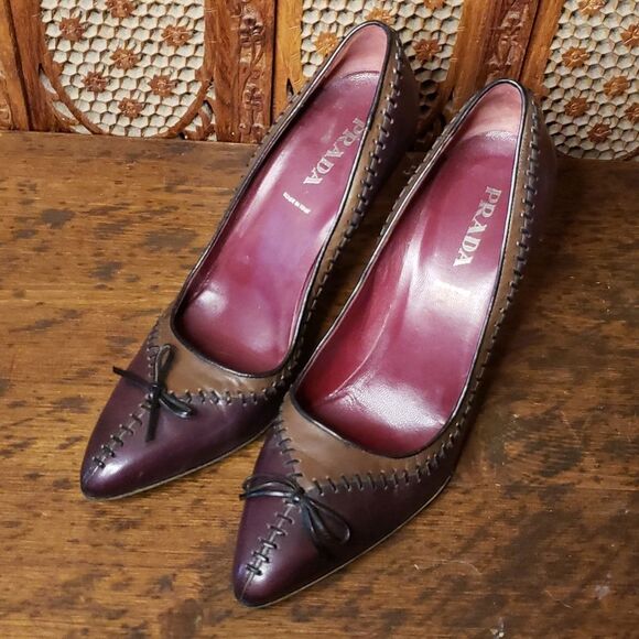 FREE SHIPPING! Vintage Prada Heels Brown Stitched Patchwork size 39.5 two toned - Picture 1 of 13